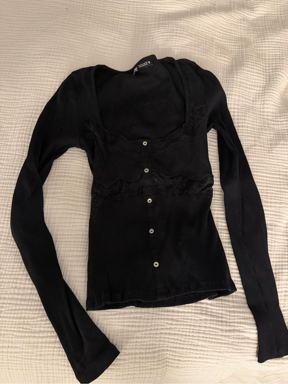 Zara Black Long Sleeve Lace-Trim Ribbed Button Front Top
